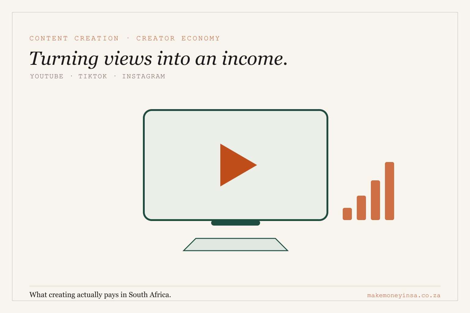 Editorial illustration of a play button on a screen beside a rising audience bar chart, in brand colours.
