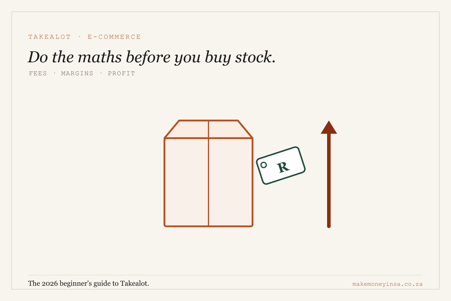 Editorial illustration of a parcel with a price tag and an upward profit arrow, in brand colours.